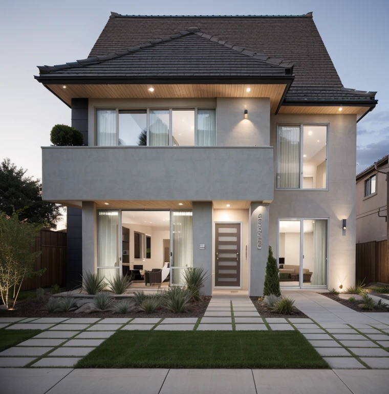 a rendering of a modern house and a garden, modern style, beautiful roof, red roof realistic, green grass ultra realistic, grass garden in the front yard, wall with natural stone, (slated stone), white wall, windows have blind, doors have blind, (plants on in front of house) , at sunset ultra realistic, interior lights ultra realistic, exterior design, high quality rendering, subdivision, highly realistically detailed, complex and detailed