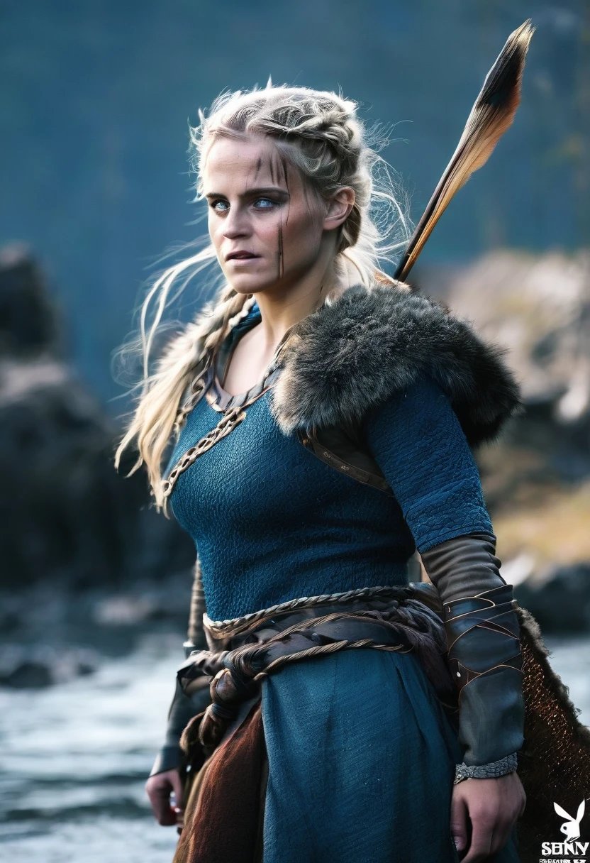 cinematic photo full shot of  (((ohwx woman))) (viking woman), scandinavian, 35 years old, chubby, natural body, "Emma Watson" (light blonde hair braids)(medieval viking clothing) in Hellblade: Senua's Sacrifice, emerging from black mud, long hair with dreads, war blue paint, paint fading, angry expression, dirty face, finely detailed eyes, moody, viking clothes, epic scene, epic composition, Photography, Volumetric Lighting, ethereal light, intricate details, extremely detailed volumetric rays  . 35mm photograph, film, professional, highly detailed, Cinematic Lighting, bokeh, 4k