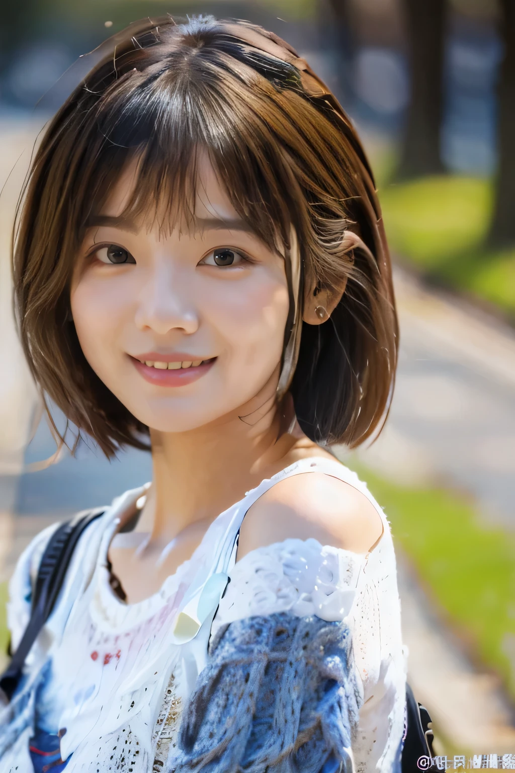 18 year old girl,(Cute short hair:1.5)、Inviting and kind eyes、big smile, close up shot,