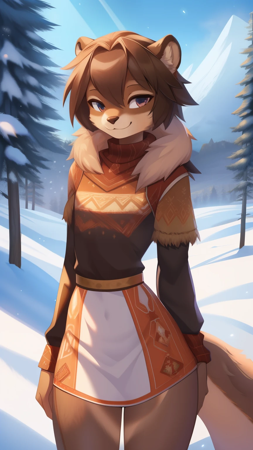 Best quality, Super detailed illustration, (fluffy otter boy:1.4) , feminine face and body, disheveled thick hair, warm clothes of the northern peoples, Warm tones, decorations on clothes, smug smile, against the backdrop of a winter forest and high snowy mountains ,femboy ,small waist, wide hips, slim, perfect body, DND style