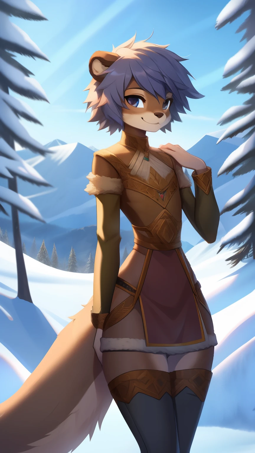 Best quality, Super detailed illustration, (fluffy otter boy:1.4) , feminine face and body, disheveled thick hair, warm clothes of the northern peoples, smug smile, against the backdrop of a winter forest and high snowy mountains ,femboy ,small waist, wide hips, slim, perfect body, DND style