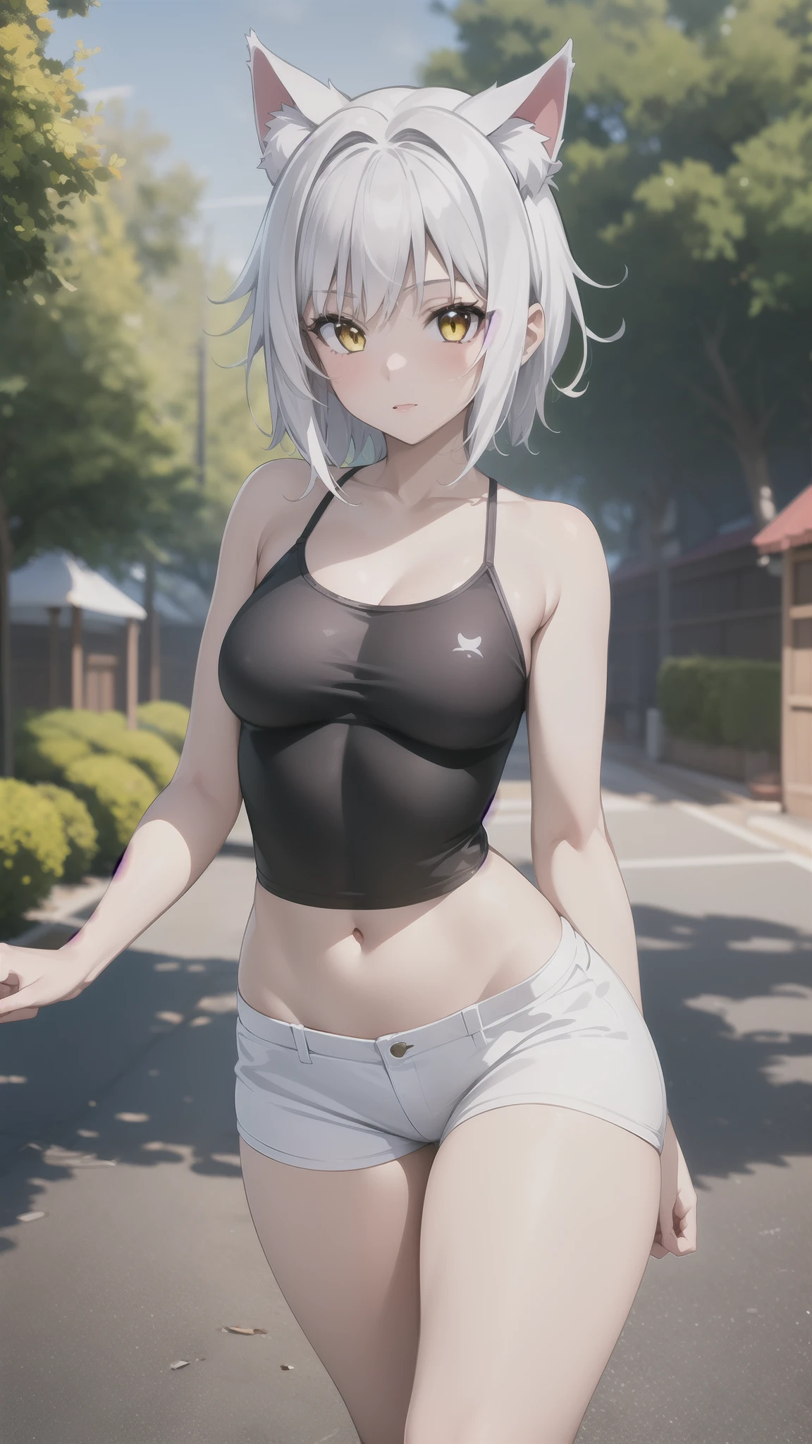 best quality, masterpiece, 1girl, raytracing, ultra detailed,detailed face, 8k wallpaper, (wide hips:1.2), TougouKoneko_NDV, 1girl, white hair, medium breasts, short hair, cat ears, tail, yellow eyes, red t-shirt, white shorts, outdoor,