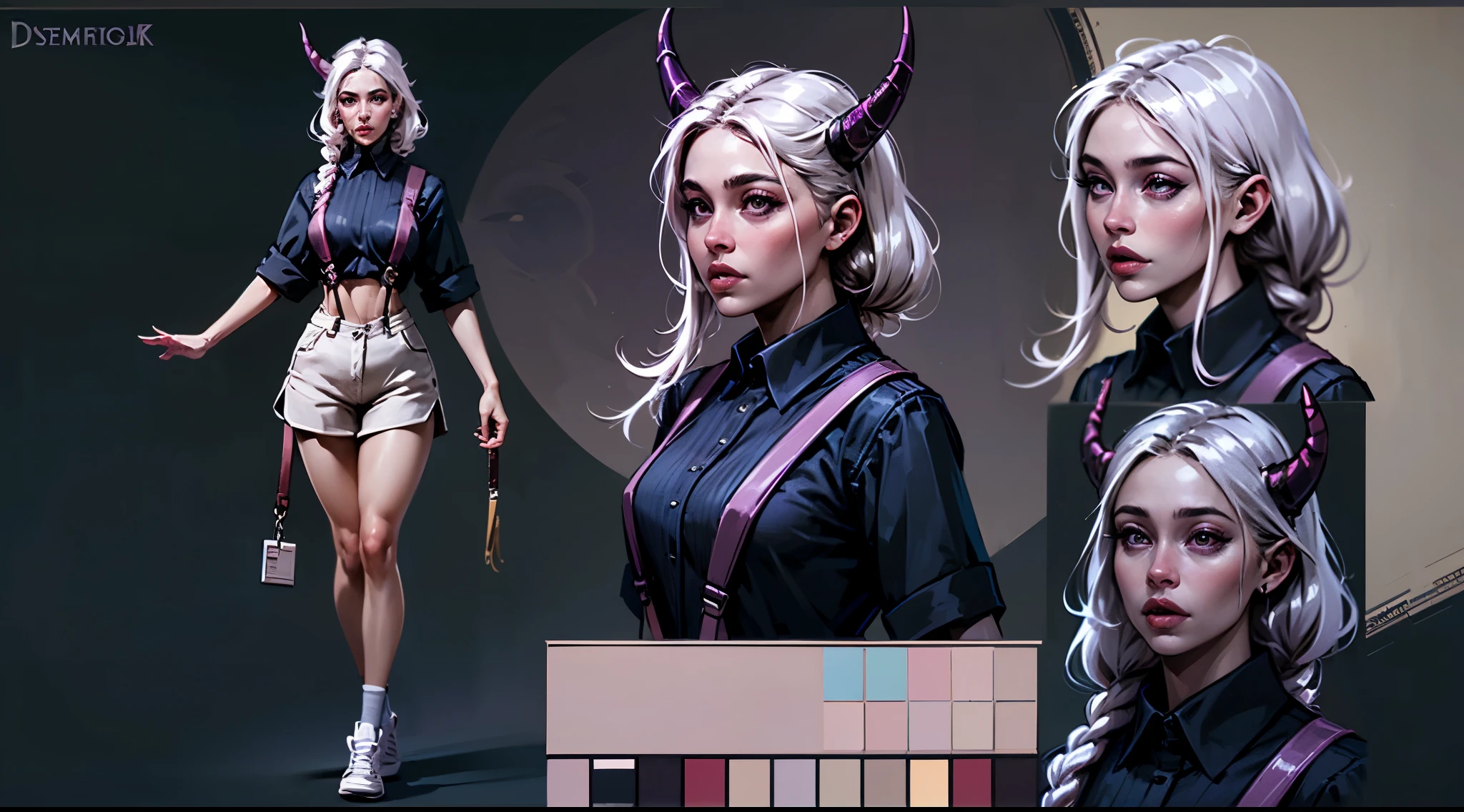 (Masterpiece, best quality), detailed, character sheet, many items (the same person, pink crop top, skinny shorts, lowered suspenders, different lenght striped long stockings, white sneakers, many parts), daemon, detailed beautiful purple eyes, detailed face, white hair and white skin, tongue, braided ponytail, demon horns, full of details.