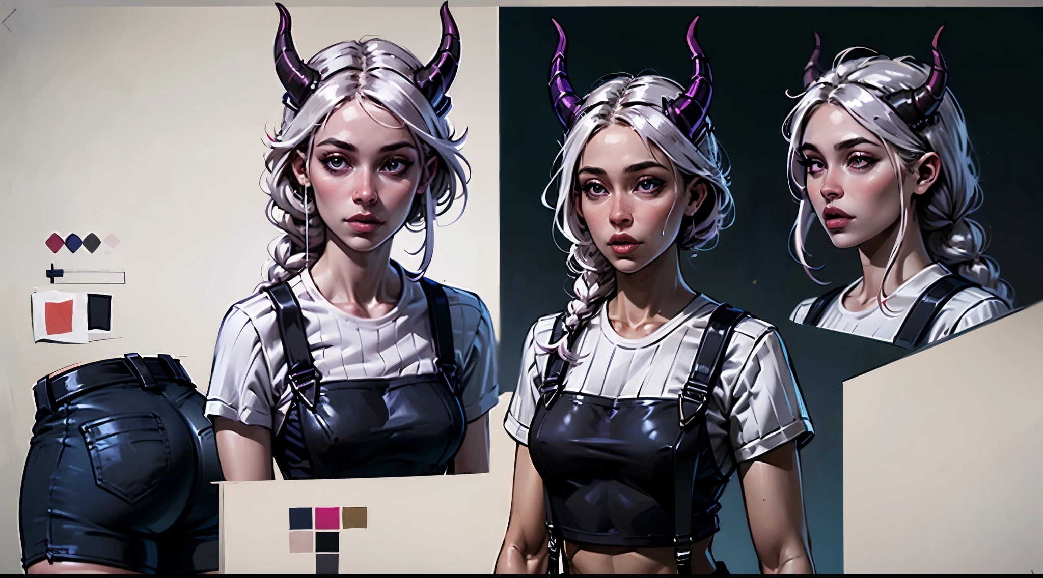 (Masterpiece, best quality), detailed, character sheet, many items (the same person, pink crop top, skinny shorts, lowered suspenders, different lenght striped long stockings, white sneakers, many parts), daemon, detailed beautiful purple eyes, detailed face, white hair and white skin, tongue, braided ponytail, demon horns, full of details.