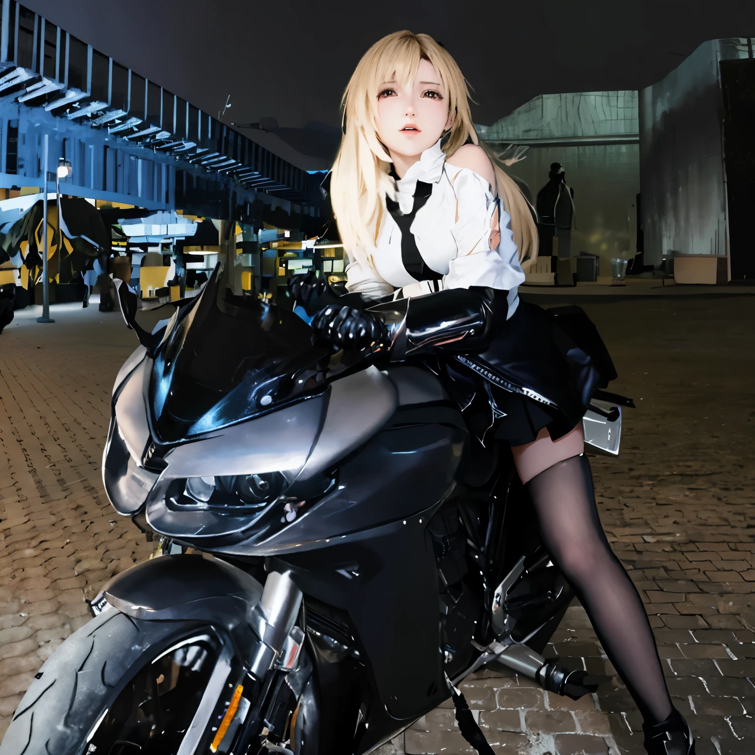 blond woman in black stockings and black stockings sitting on a motorcycle, sitting on cyberpunk motorbike, sitting on a motorcycle, riding a motorcycle, motorcycle, motorbiker, riding a motorbike, sexy-s 100, cosplay on black harley queen, picture of a female biker, motorcycles, super model-s 100, ava max, riding a futuristic motorcycle