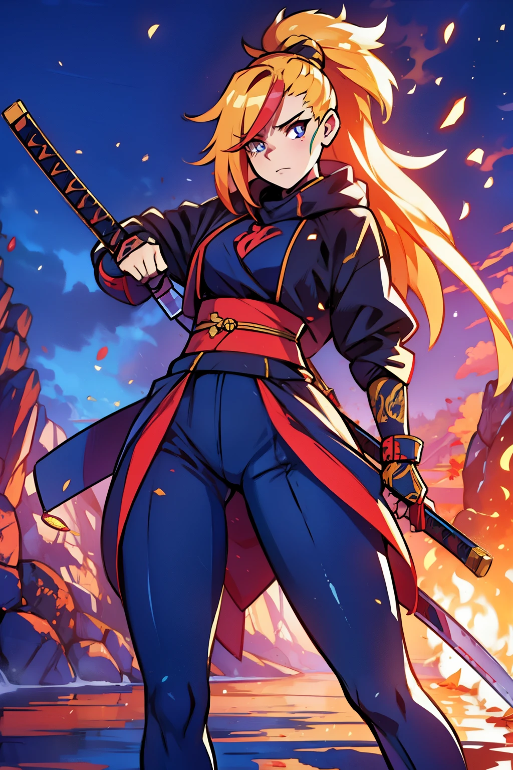 gorgeous woman, holding a giant katana on her shoulder, perfect face, ultra long hair, standing, ultra detailed face, kunoichi, perfect giant katana, heavy katana