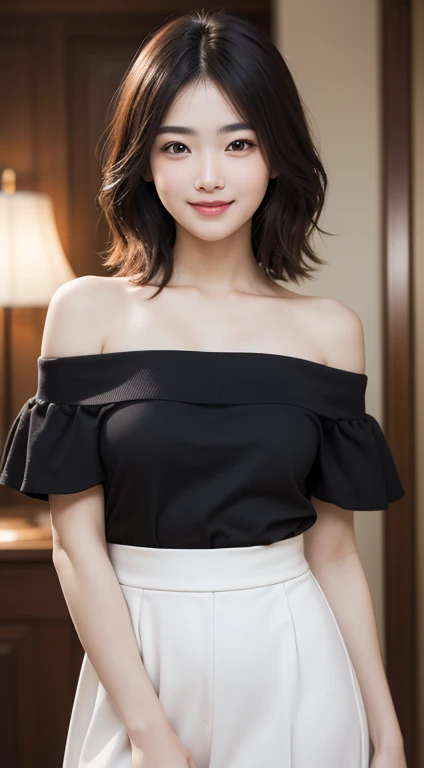 Top quality, super high resolution, (Photorealistic: 1.4), 1 beautiful mature woman, off-shoulder thin blouse, black tight skirt, black choker, (faded gray hair: 1), (huge Chest: 1.2), looking at camera, emphasizing cleavage