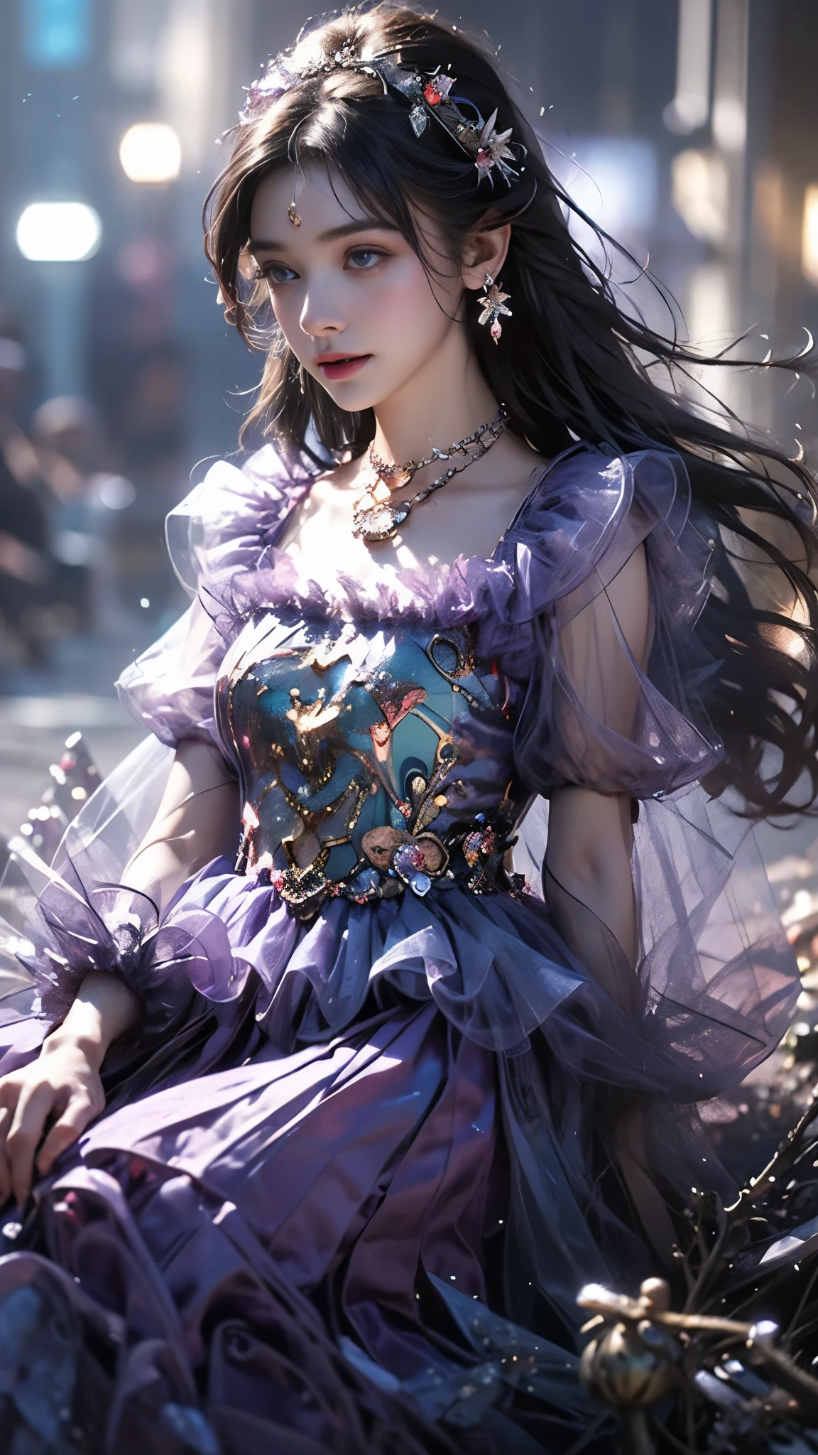 8K, ultra hd, masterpiece, 1 girl, (good face:1.4), detailed eyes, very long hair, impressive hairstyle, earings, necklace, small breasts, (purple outfit:1.5), see-through, tulle dress, (fantasy outfit:1.5) Light-colored foundation brings out the transparency of the skin, (in the wonderland:1.5), mystery, diwali lights, glowing lights, very decoration, The moonlight falls like water, perfect body, sitting,