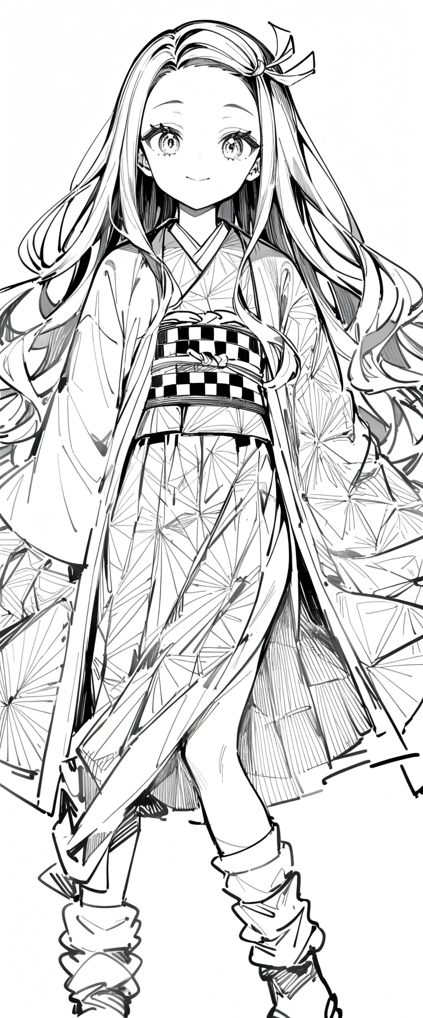 1 girl, female focus, nezuko,Demon slayer, ((line drawing:black and white)),Zentangle Elements,rendering,intricate details,Highestの構図,perfect composition,An illustration,nice,Highest,Highestにクール,anatomically correct,structurally correct,draw with thick lines,coloring book,draw with thick lines,clear,line drawing background, white background, monochrome, line drawing, ((sketch))