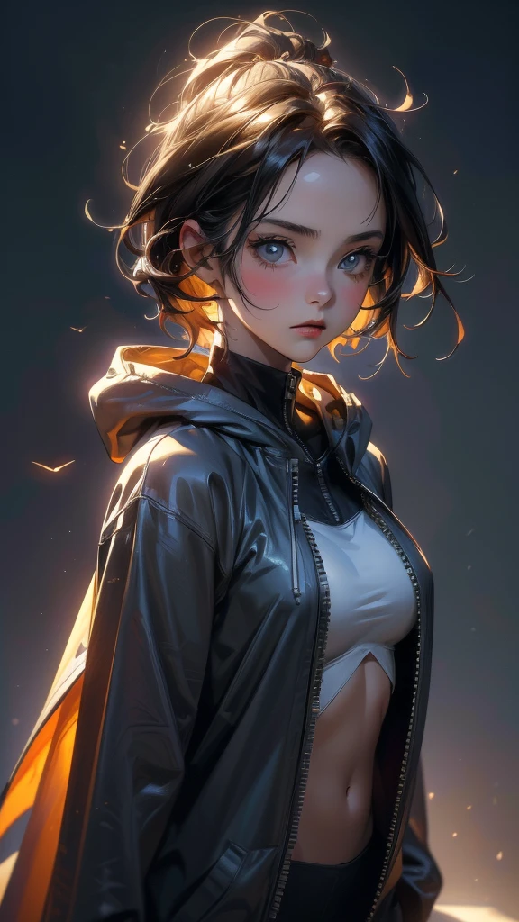 (Highly detailed CG unit 8k wallpaper, masterpiece, High resolution, highest quality, natural skin texture), ((20 year old woman, Composition from head to abdomen:1.5, upper body focus:1.5)), Hands in pockets pose:1.5, detailed eyes, gradient eyes, Hooded hoodie in yellow, Asymmetrical punk short hair:1.2, high contrast, hyper realistic, digital painting, concept art,