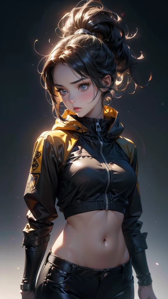 (Highly detailed CG unit 8k wallpaper, masterpiece, High resolution, highest quality, natural skin texture), ((20 year old woman, Composition from head to abdomen:1.5, upper body focus:1.5)), Hands in pockets pose:1.5, detailed eyes, gradient eyes, Hooded hoodie in yellow, Asymmetrical punk short hair:1.2, high contrast, hyper realistic, digital painting, concept art,