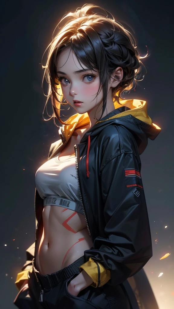 (Highly detailed CG unit 8k wallpaper, masterpiece, High resolution, highest quality, natural skin texture), ((20 year old woman, Composition from head to abdomen:1.5, upper body focus:1.5)), Hands in pockets pose:1.5, detailed eyes, gradient eyes, Hooded hoodie in yellow, Asymmetrical punk short hair:1.2, high contrast, hyper realistic, digital painting, concept art,