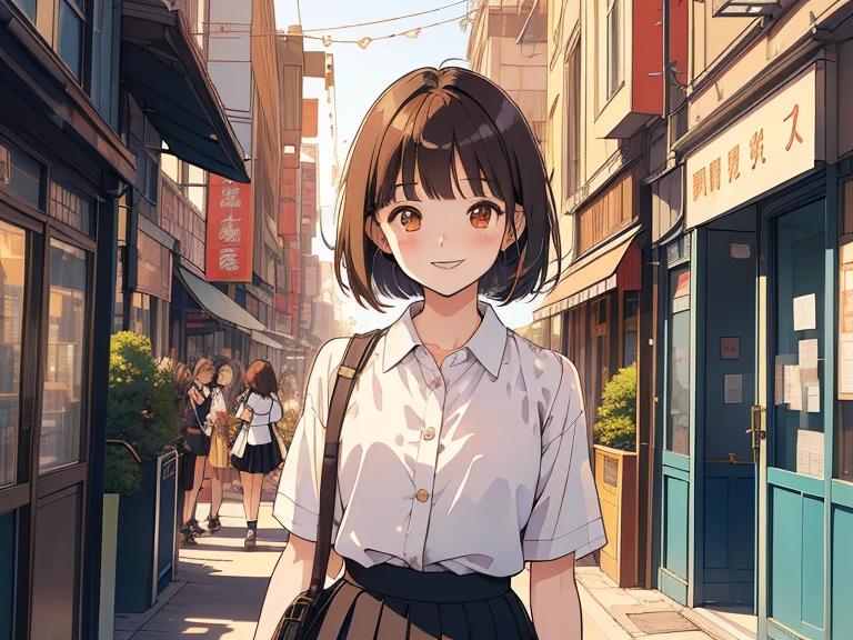 ((((Happy face)))),(((Long shot, taken from the front, 1 girl, white , black skirt, short bob, brown hair, golden eyes, ************, short height, city girl))), ((On the way home from school)), ((Uniform)), (Masterpiece), (High resolution), (Top quality), (Super delicate), ((Line drawing manga style)), Wallpaper, Manga style illustration, Painting style, heartwarming synopsis, ((youth)), (student), (unique atmosphere), unique world view, unique atmosphere, youth town, (masterpiece), (high resolution), (highest quality), (super delicate), line drawing manga style, comic style illustration, how to draw, warm outline color, (clear), (obvious)