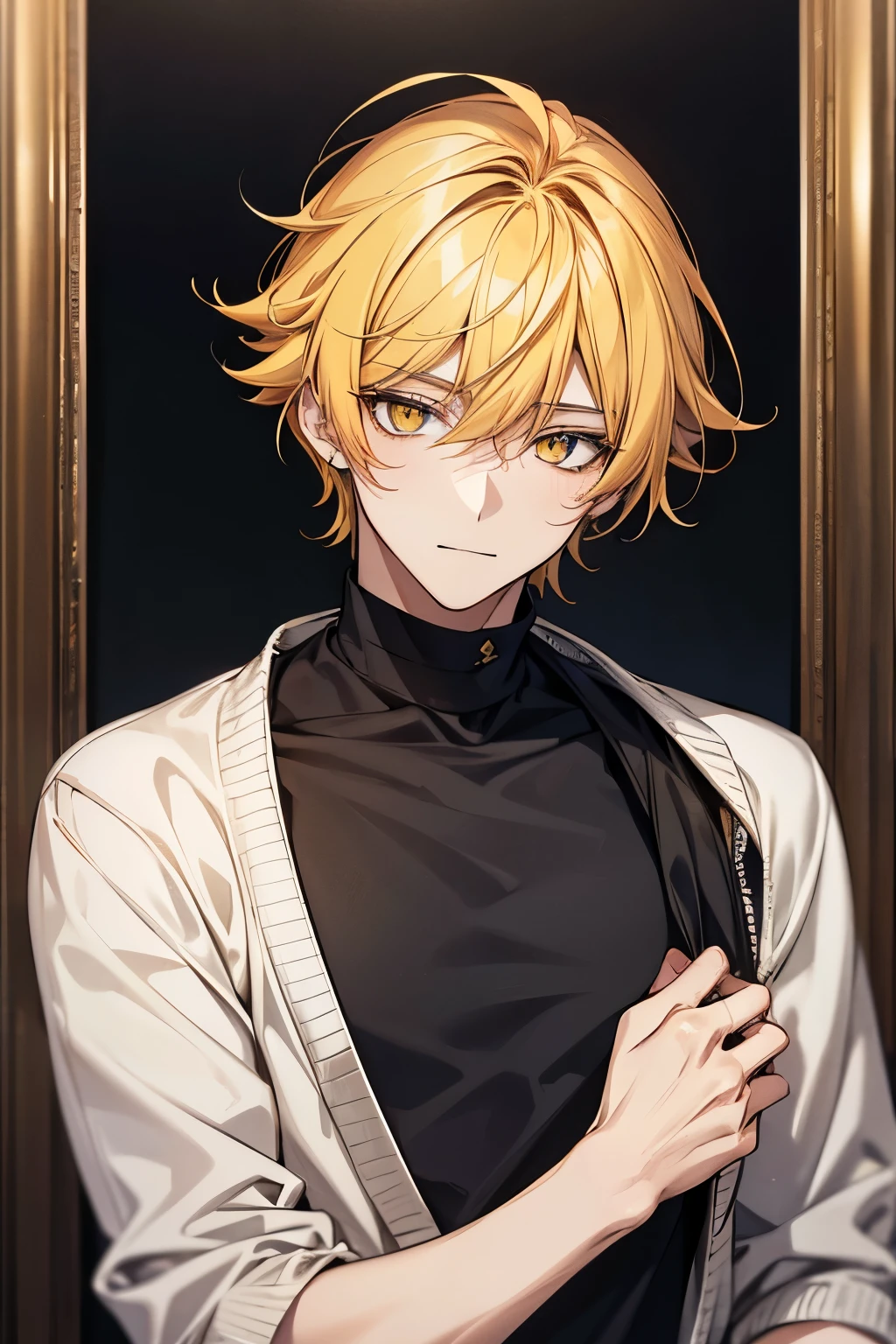 Masterpiece, highres, best quality, solo, 1 male, medium hair, yellow hair with blue highlights hair, yellow eyes, black shirt, white sweater