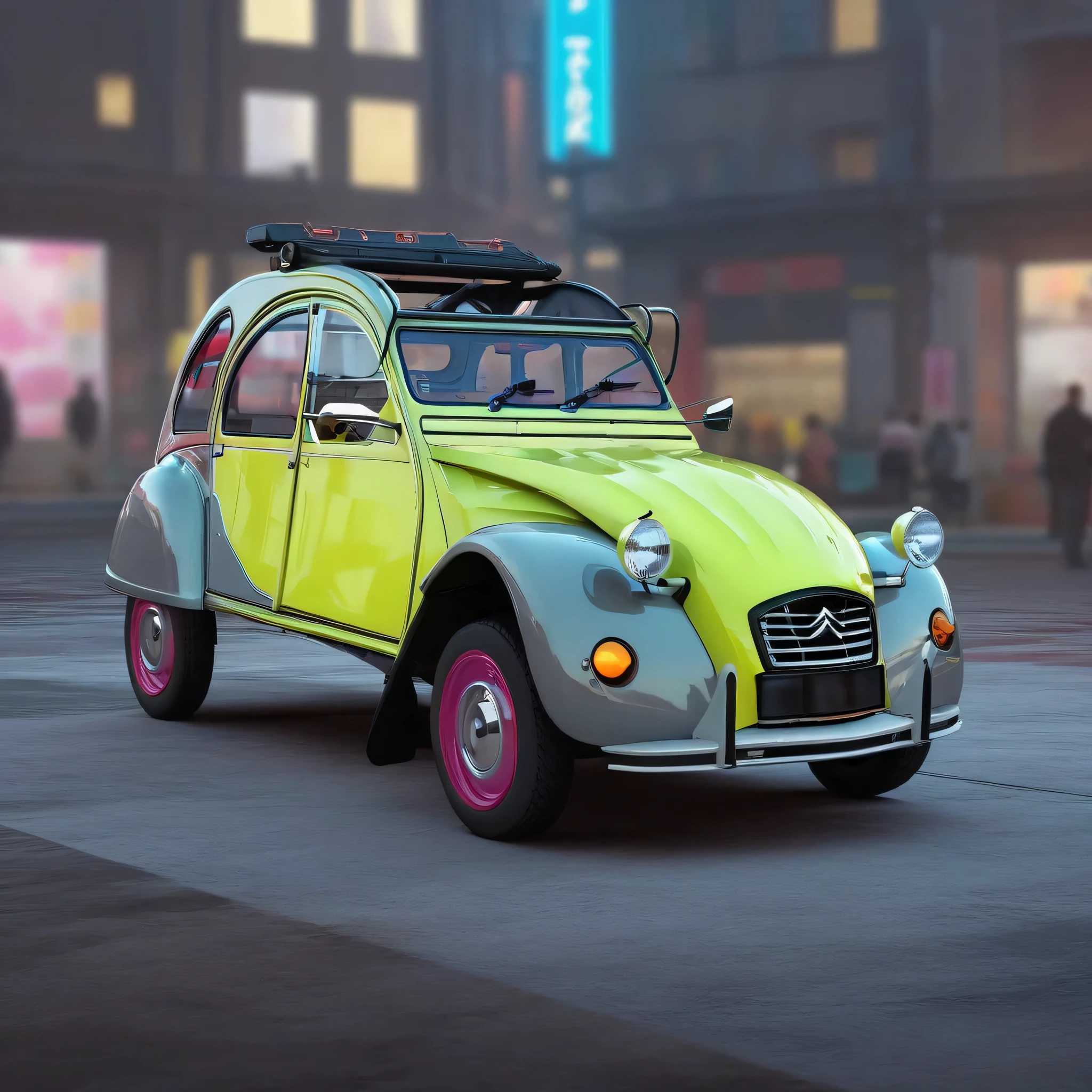 2Cv1024, Cyberpunk sports car with neon lights, Cyberpunk city background,  photography, Very detailed, sharp focus, Popular topics on ArtStation, Studio photos, intricate details, Very detailed, author：Greg Rutkoski  