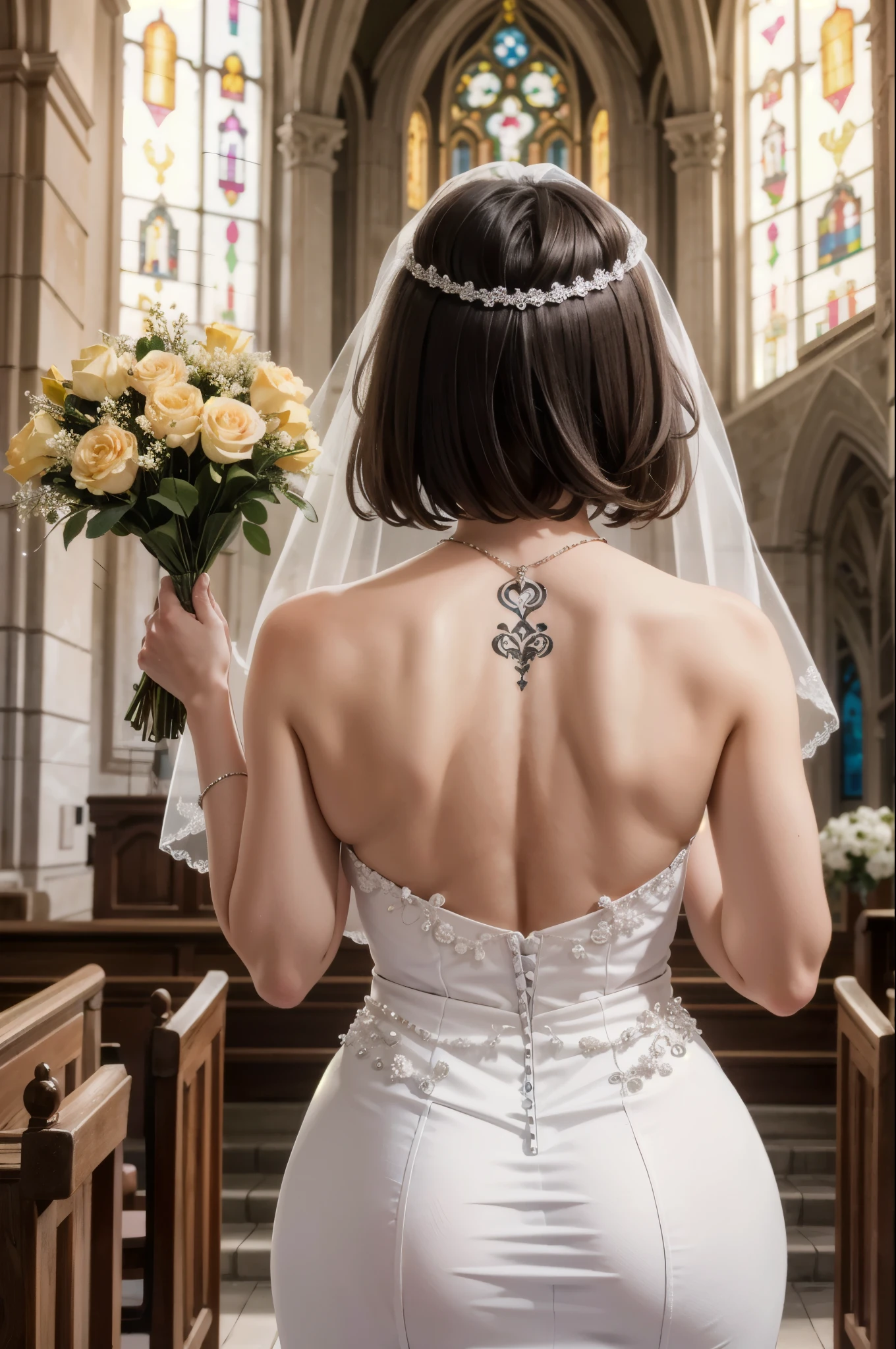 1 woman, alone, Short hair, wearing a wedding dress, bridal veil, Inside the cathedral, see one's back, Tattoo on the back, (big ass: 1.2), big bust, holding a bouquet.