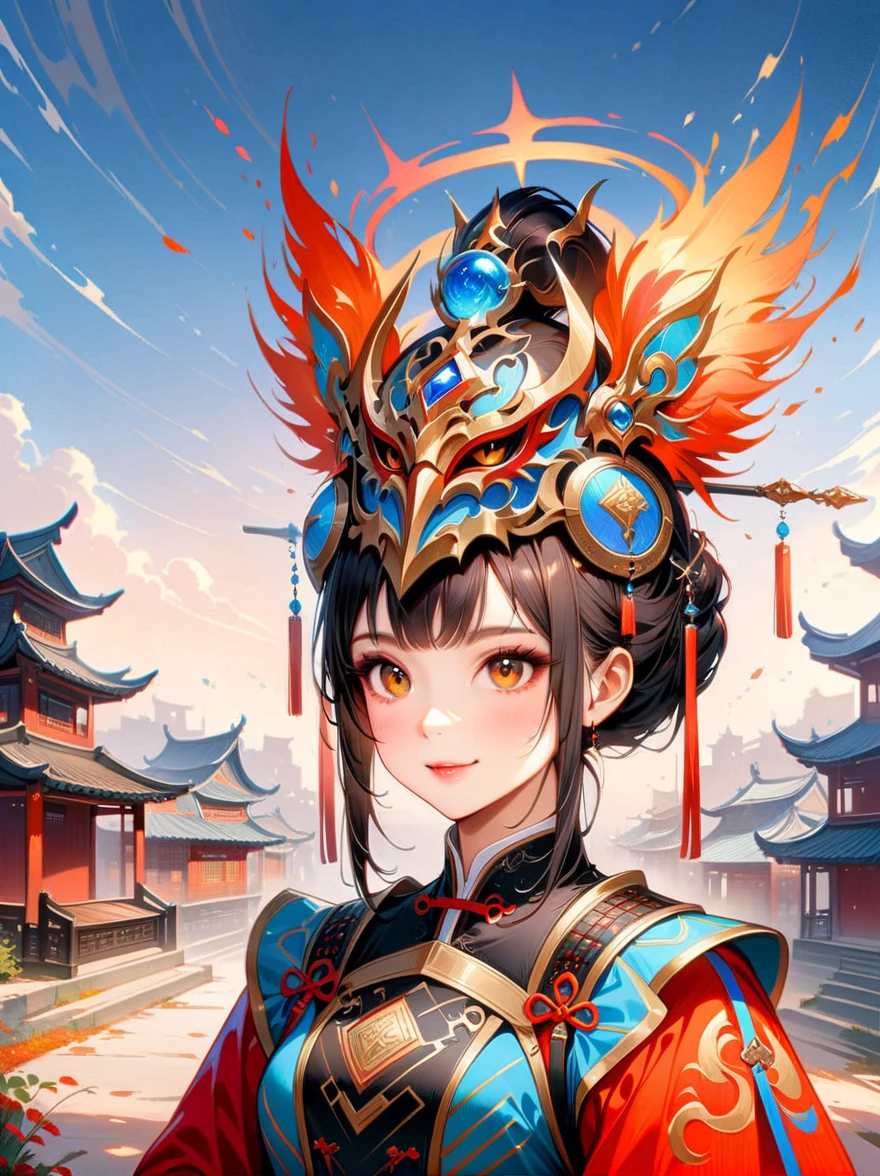 masterpiece，Realistic，Deep color，blue tint，Surrealism, Star光环, In the bright embrace of the moonlight serenade，(Black Chinese armor)，gentle beautiful girl，(The girl holds a sword in her hand)，Women&#39;s Armor，solo，pauldron，helmet，Chinese city background，blue sky，detailed眼睛，looking at the audience，Smile，Upper body，masterpiece，best quality，perfect eyes，perfect face，perfect lighting， 8K，Compared，Tone，texture, detailed, Star, Colorful halo, Vibrant energy, expressive, dramatic, organic lines and forms, dreamy and mysterious, Surrealism，portrait shooting，complex，meticulous，sharp，clear，Better image quality，Rough brushstrokes，high dynamic range，vivid，Rich in details，阴影和高光clear，reality，vehement，Compared度增强，Rich in details