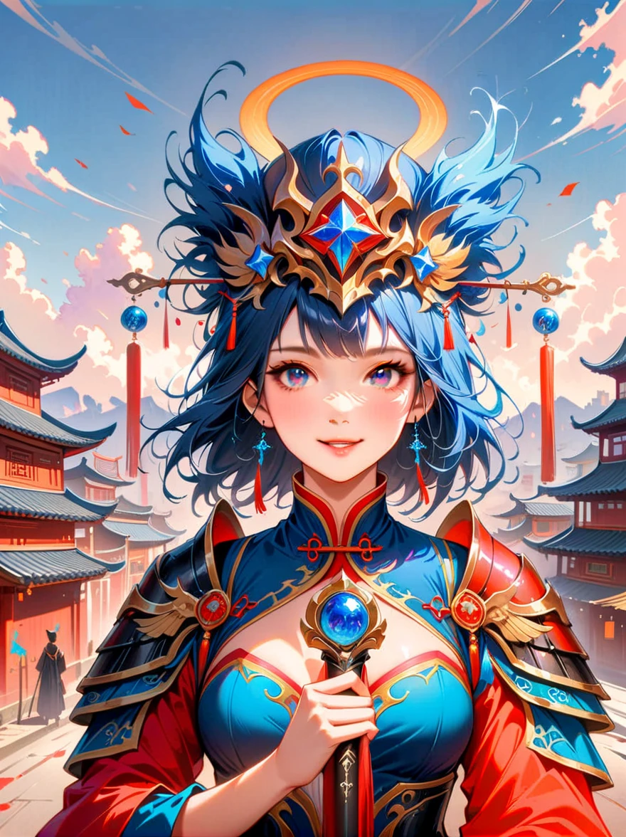 masterpiece,Realistic,Deep color,blue tint,Surrealism, Star光环, In the bright embrace of the moonlight serenade,(Black Chinese armor),gentle beautiful girl,(The girl holds a sword in her hand),Women's Armor,solo,pauldron,helmet,Chinese city background,blue sky,detailed眼睛,looking at the audience,Smile,Upper body,masterpiece,best quality,perfect eyes,perfect face,perfect lighting, 8K,Compared,Tone,texture, detailed, Star, Colorful halo, Vibrant energy, expressive, dramatic, organic lines and forms, dreamy and mysterious, Surrealism,portrait shooting,complex,meticulous,sharp,clear,Better image quality,Rough brushstrokes,high dynamic range,vivid,Rich in details,阴影和高光clear,reality,vehement,Compared度增强,Rich in details