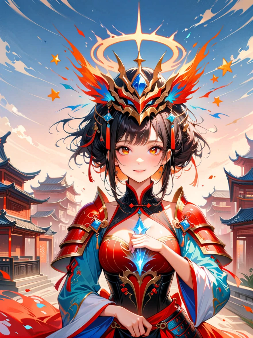masterpiece,Realistic,Deep color,blue tint,Surrealism, Star光环, In the bright embrace of the moonlight serenade,(Black Chinese armor),gentle beautiful girl,(The girl holds a sword in her hand),Women's Armor,solo,pauldron,helmet,Chinese city background,blue sky,detailed眼睛,looking at the audience,Smile,Upper body,masterpiece,best quality,perfect eyes,perfect face,perfect lighting, 8K,Compared,Tone,texture, detailed, Star, Colorful halo, Vibrant energy, expressive, dramatic, organic lines and forms, dreamy and mysterious, Surrealism,portrait shooting,complex,meticulous,sharp,clear,Better image quality,Rough brushstrokes,high dynamic range,vivid,Rich in details,阴影和高光clear,reality,vehement,Compared度增强,Rich in details