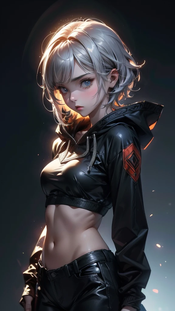 (Highly detailed CG unit 8k wallpaper, masterpiece, High resolution, highest quality, natural skin texture), ((20 year old woman, Composition from head to abdomen:1.5, upper body focus:1.5)), Hands in pockets pose:1.5, detailed eyes, gradient eyes, hooded hoodie, Asymmetrical punk short hair:1.2, Ash gray hair color, high contrast, hyper realistic, digital painting, concept art,