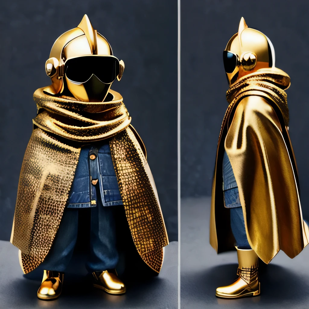 Brilliant Gold Diamond Maya Star((Rosewood))Copper weapons, Burlap Cloak Mummy Hood Platinum Silk Cyberpunk Light Crossbow Space Station 1:90 miniature models, illustration, Side view, (Side view), Wear gold-rimmed reflective sunglasses, Carrying future weapons, very happy, Side view, whole body, 3d, (Black and white checkered glasses) octane rendering, perfect appearance, Collagen protein(((denim)))
