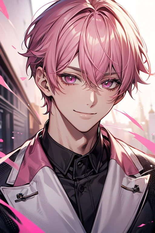 Handsome, solo, 1 male, short hair, pink hair, pink eyes, smile facial