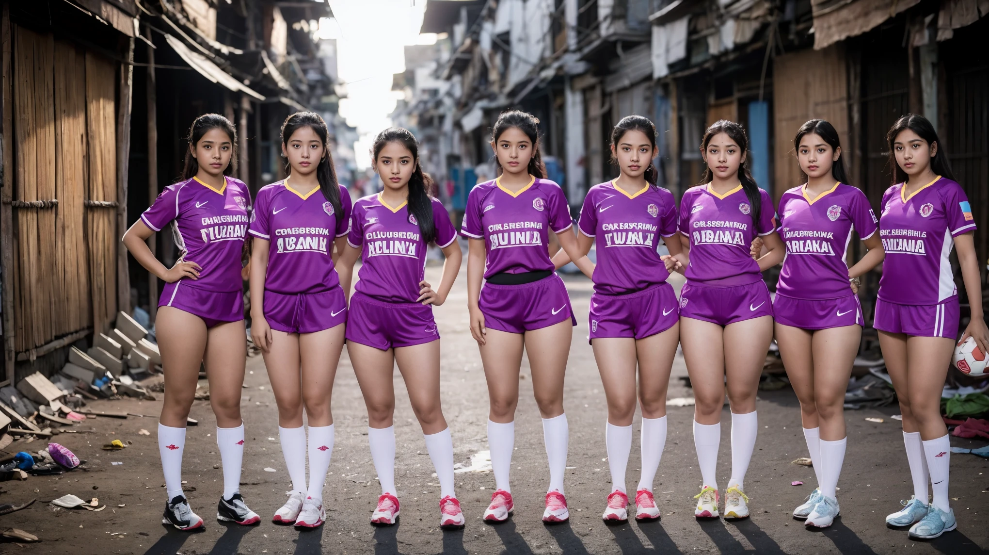 full body shot of ((8)) eight little Indian teenager girls with huge boobies and thick thighs, black hair, wearing only a light purple ((oversized football jersey shirt)) with white shorts paired with football boots, complete legs visible, sexy thighs, thighs visible, ????? legs visible, perfect slim body figure, looking at the viewer sideways, showing her sexy ???????, standing pose on the crowded street of the ((slums)) in Mumbai with legs wide spread apart, sunset time, realistic, masterpiece, photorealistic, realistic, 8k