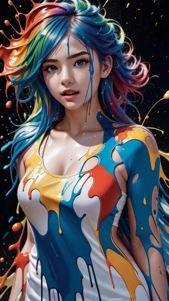 1girl,(super cutenessFace),(liquid paint hair:1.1) ,thick flowing,(paint splatter:1.3),Liquid state,stunningly beautiful, masterpiece, detailed background,ultra high quality model, ethereal background,abstract beauty, explosive volumetric, oil painting,Sub-Surface Scatterring,8k,high resolution, dreamy,ray tracing,hdr,god rays,(angle below)