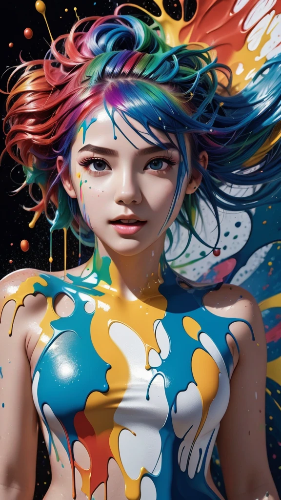 1girl,(super cutenessFace),(liquid paint hair:1.1) ,thick flowing,(paint splatter:1.3),Liquid state,stunningly beautiful, masterpiece, detailed background,ultra high quality model, ethereal background,abstract beauty, explosive volumetric, oil painting,Sub-Surface Scatterring,8k,high resolution, dreamy,ray tracing,hdr,god rays,(angle below)