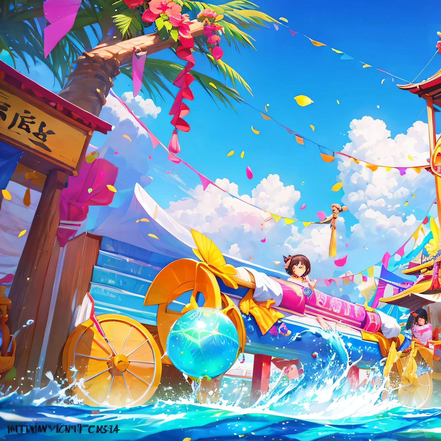 score_9, score_8_up, score_7_up, source_anime,masterpiece, best quality, high resolution, extremely detailed CG, absurdres, highres, A dreamy water park, all the buildings are made of ice-cream, ice cream castle, colorful, girl in swimsuit is sliding down the water slide, happy, neondskdrmsxl, babycreamxl