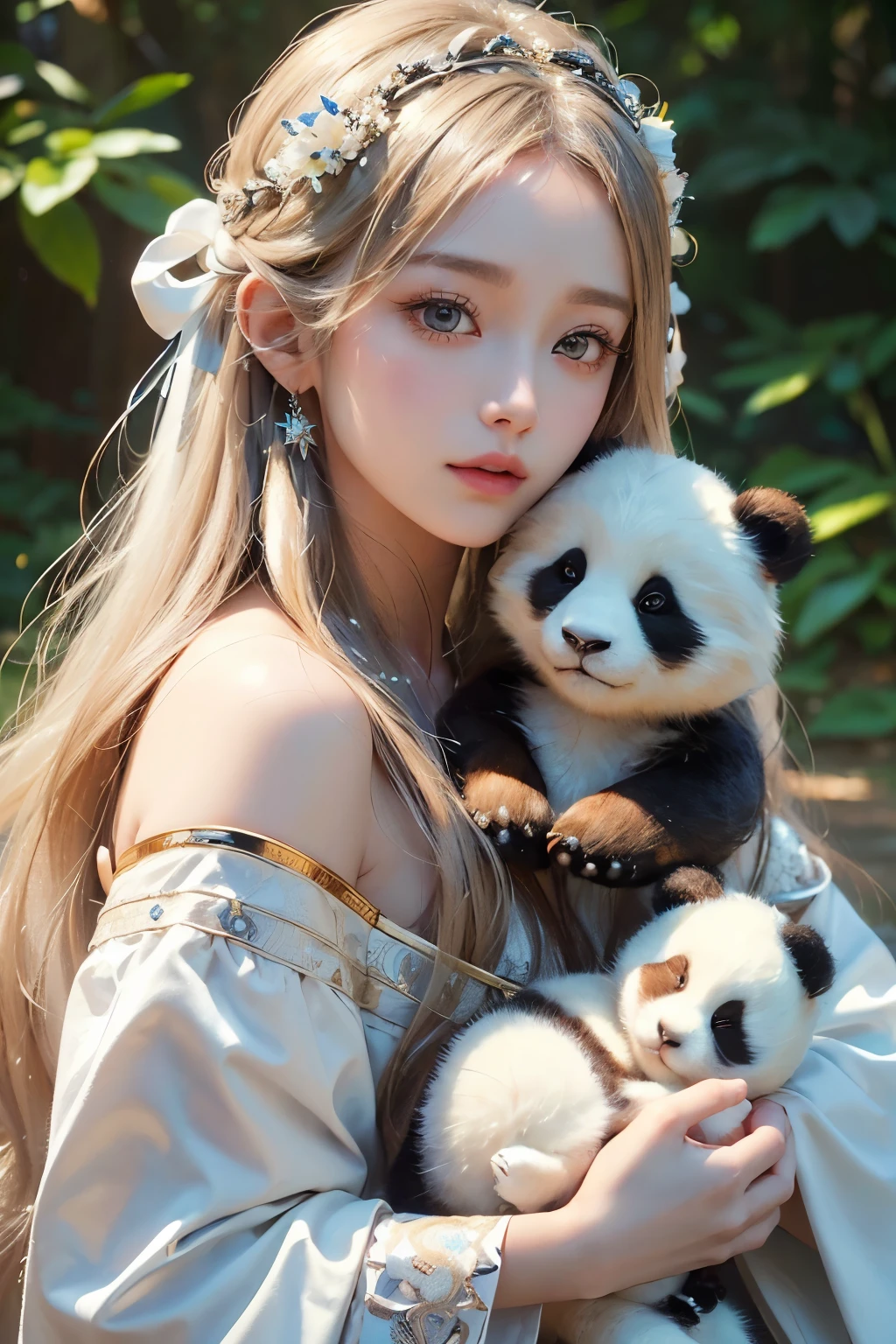 1 girl, Beautiful woman holding a cute fur doll, Exquisite eyes,beautiful and delicate lips,very detailed 눈과 얼굴,long eyelashes, white hippie hair, enchanted scenery,(best quality,4K,8 thousand,high resolution,masterpiece:1.2),very detailed,(realistic,realistic,realistic:1.37), dynamic pose, panda doll,