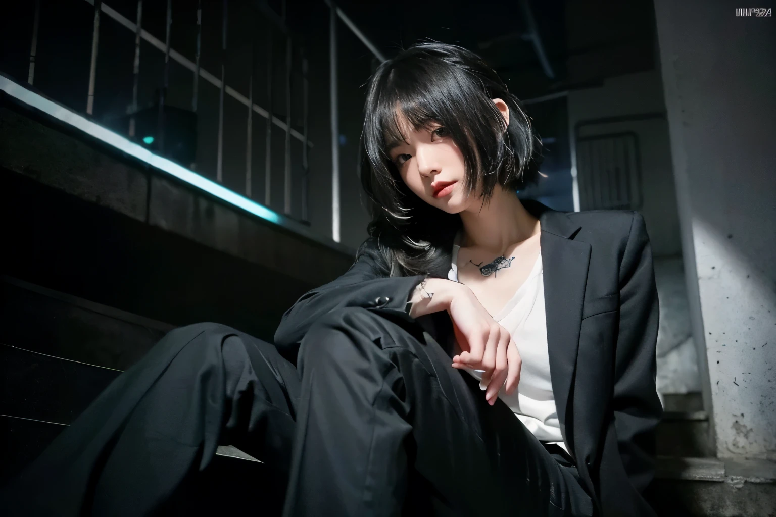 tech noir, calm cyberpunk style, dark cyberpunk atmosphere, A girl sitting lit staircase, shoulder length hair, Tattoo on hand, white shirt, black suit, black pants suit, masterpiece, best quality, RAW photo, ultra high res, photorealistic, felix englund style, SIGMA 50mm F1.4, leica_style, candytt