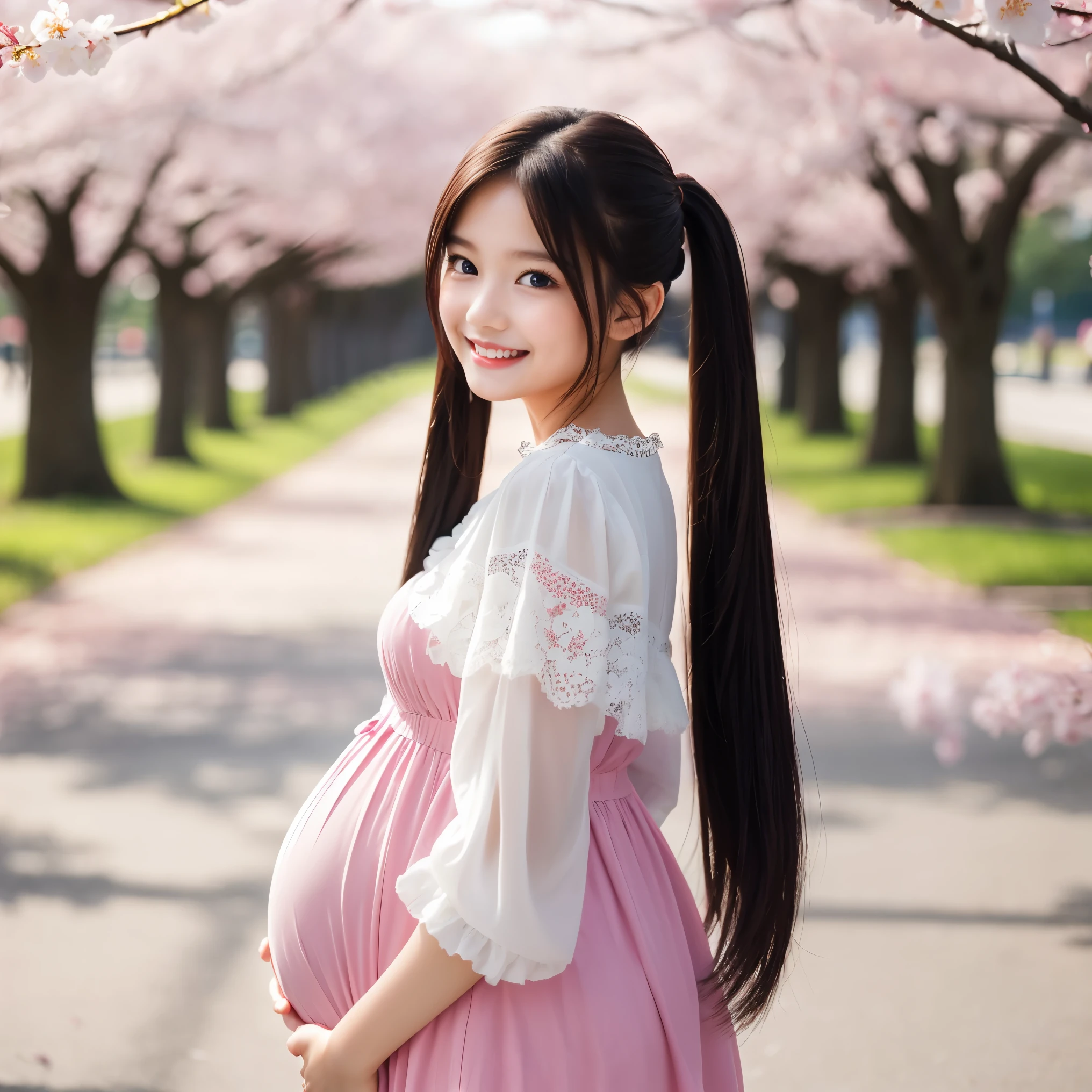 (highest quality、masterpiece、8K、best image quality、Award-winning work)、1 female、walk in the park、(pregnancy:1.1)、(solo:1.2)、(1 photo:1.1)、classy maternity clothes、See-through maternity wear、Lace decoration、perfect makeup、thin、The biggest smile looks at me、(Perfect twin tail hair:1.2)、(Height: 140cm:1.2)、(Very short:1.2)、standing full body photo、perfect anatomy、Blurred cherry blossoms in full bloom,、Large grassy park、refreshing atmosphere、very bright and vivid、Beautiful eyes in super high resolution、(Super high resolution perfect beautiful teeth:1.1)、Ultra high definition beauty face、Ultra HD beautiful hair、(Perfect beautiful teeth:1.1)