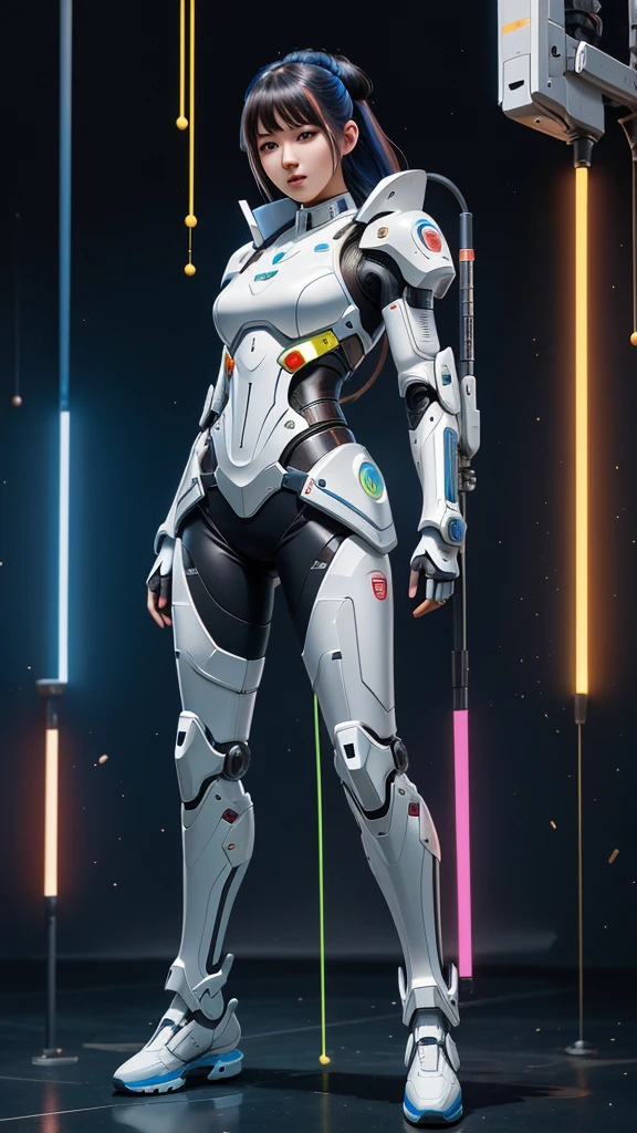 (1 semi AI mix human youngwoman), The future comes from the AI era, An Asian girl wearing white high-tech exoskeleton armor,(super cuteness Face),in the style of cyberpunk, full body shot, high quality details, futuristic sci-fi background,(futuristic automatic AI rifle),full-length portrait, realistic and super detailed rendering, high resolution