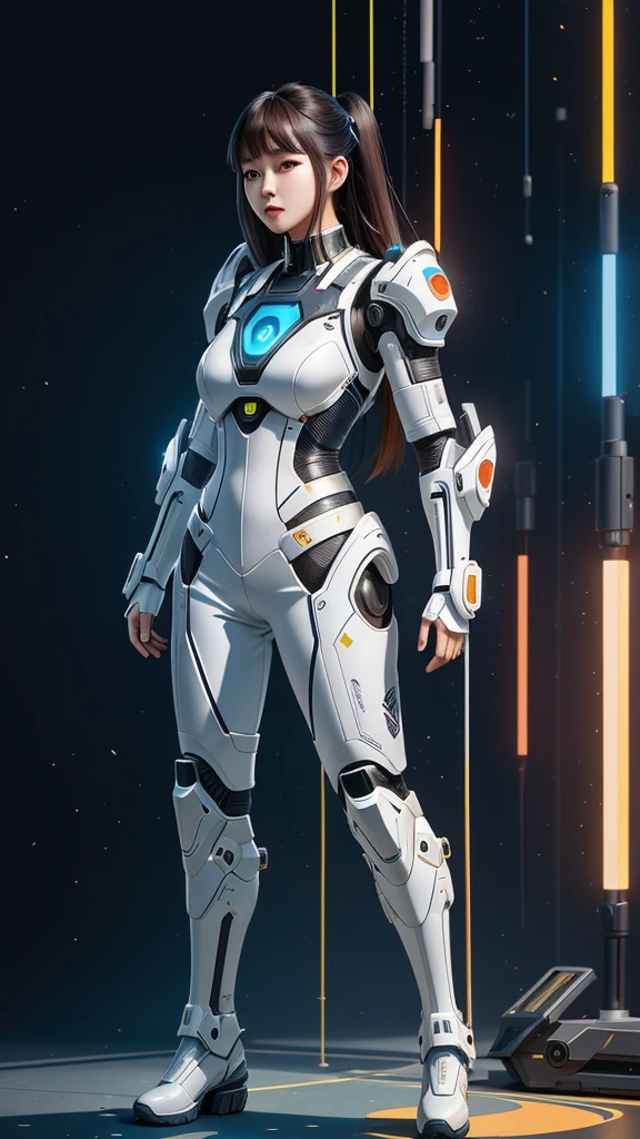 (1 semi AI mix human youngwoman), The future comes from the AI era, An Asian girl wearing white high-tech exoskeleton armor,(super cuteness Face),in the style of cyberpunk, full body shot, high quality details, futuristic sci-fi background,(futuristic automatic AI rifle),full-length portrait, realistic and super detailed rendering, high resolution