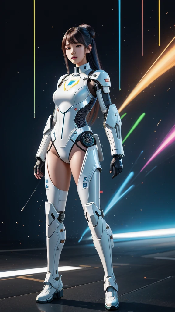 (1 semi AI mix human youngwoman), The future comes from the AI era, An Asian girl wearing white high-tech exoskeleton armor,(super cuteness Face),in the style of cyberpunk, full body shot, high quality details, futuristic sci-fi background,(futuristic automatic AI rifle),full-length portrait, realistic and super detailed rendering, high resolution