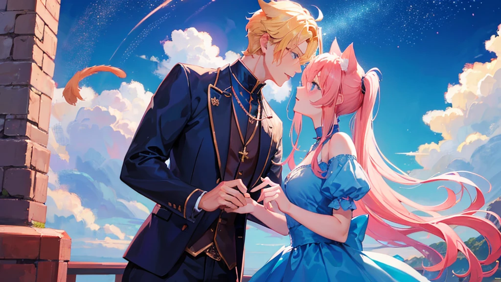 couple, handsome boy, blonde hair, blue eyes, royal blue clothes, dragon, beautiful girl, red and pink hair, two ponytails, beautiful girl, cat ears, cat tail, 8k resolution, sky night