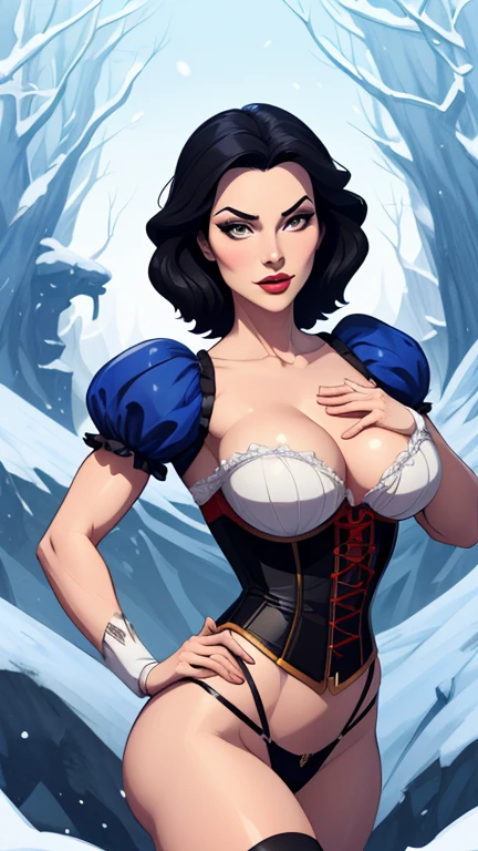 Beautiful and dynamic snow white character pose with body in symmetry a beast with corset and beautiful breasts, corpo bem definido, delicado e sensual, estilo de desenho animado, digital illustration
