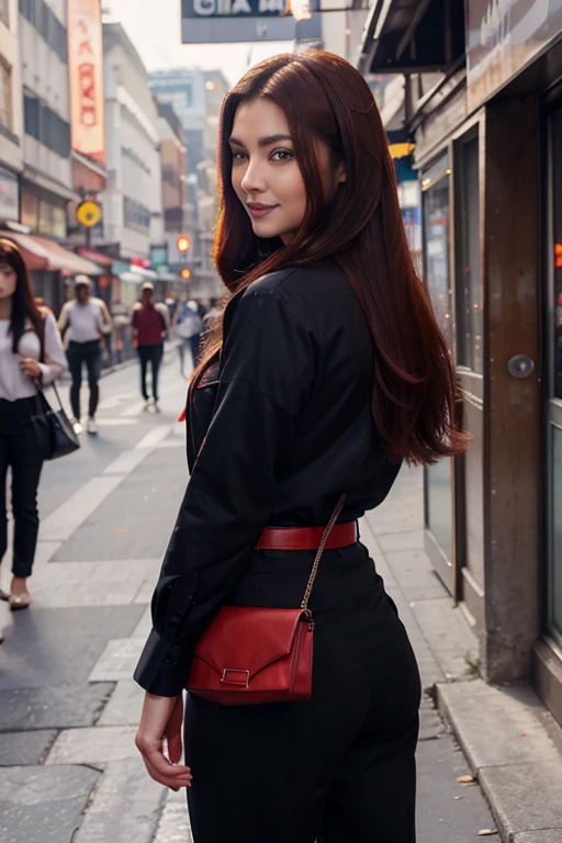 asian professional women, long black hairs , ear visible,hunter eyes,sharp nose, eye color blue ,brown eyelashes, red formal shirt with black pant, highlighted red hairs, perfect anatomy,big smile on face, blushing red cheeks, sharp jawline,long legs standing at crowded street, small handbag, high heal, realistic photo looking like aishwarya rai