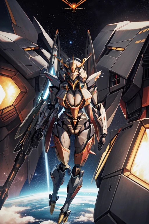 surrealism, ray tracing, realistic, UHD, high detail, 32k, highest quality, rough skin, Gundam Mecha, Flight, funnel, Mecha Ship, masterpiece, highest quality, Mecha, unmanned, (full body), (Black Mecha: 1.8), (axial symmetry: 1.4), (HDR), (movie light: 1.1), White eyes, nice, SF, fire, universe, Oversized shield, 地球の背景を見下ろすMechaマン, With laser cannon beam, war, conflict, weapon in hand (has a huge weapon: 1.5),、((Watching girl、camel toe、huge tit、Nipple Puffs、cleavage、Plump、Super big breasts、super big butt))