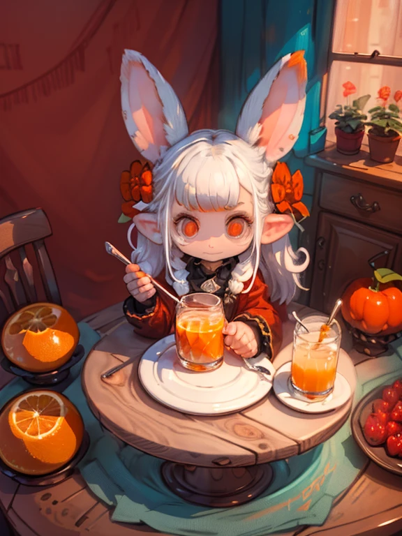 (3D,3D Art),#quality(8k,wallpaper of extremely detailed CG unit, masterpiece,hight resolution,top-quality,top-quality real texture skin,hyper realisitic,increase the resolution,RAW photos,best qualtiy,highly detailed,the wallpaper),(((solo))),#1rabbitgirl(3D Art:2.0,Chibi,cute,kawaii,small ???,white hair:2.0,long hair:1.6,white rabbit ear:2.0,white dress,red eyes,big eyes,skin color white,big hairbow,drinking orange juice:1,8,sitting on a chair),#background(at the dining room:1.4,shiny,beautiful glass of clear orange juice on the table,oranges on the table),(3D Art),(from above:1.4),draw very correct human hand