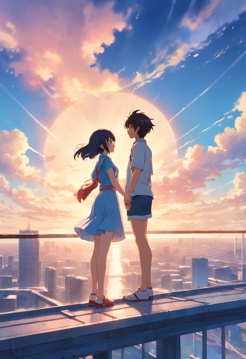 Anime - Back view of a man and woman standing holding hands、standing on the roof、Garuda、8K high quality, detailed art、High-definition official artwork、TRENDS ON THE ART STATION PIXIV、Guweiz on Pixiv Art Station、Art Station Gwiz Pixiv、Kushat Klentsky Art Feminine、NSFW, (8K, RAW photo, highest quality, masterpiece:1.2), (realistic, Photoreal:1.37), super detailed, double, cute, beautiful detailed sky,near sky