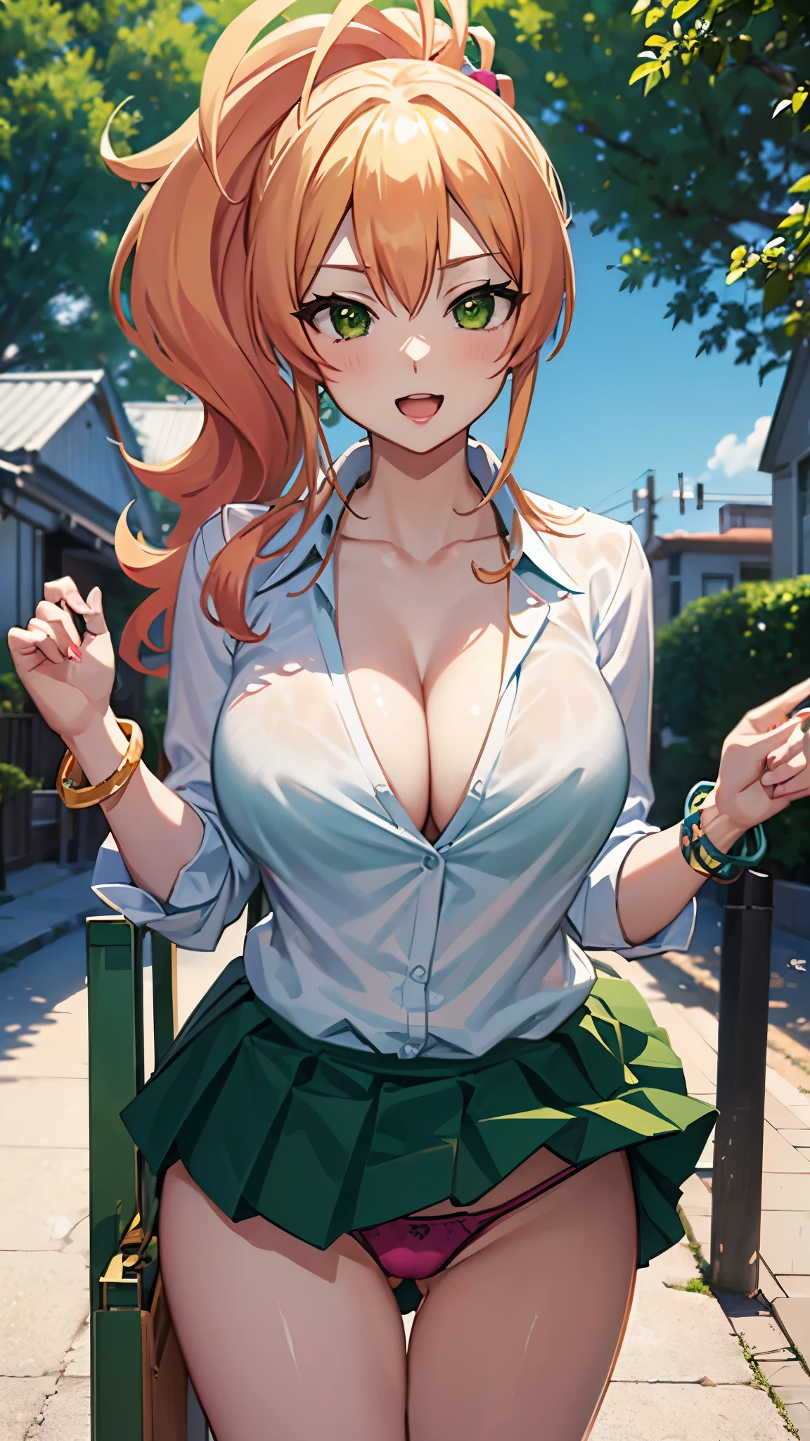 Yukana Yame, Yukana Yame, long hair, bangs, blonde hair, hair between eyes, (green eyes:1.5), ponytail, colorful hair, Scrunchie, High ponytail, Lipstick, gal, Kogal, compensate,break skirt, shirt, jewelry, , clavicle, white shirt, pleated skirt, collared shirt, mini skirt, bracelet, green skirt,naughty big breasts、big and full breasts、break looking at viewer, whole body,break (table top:1.2), highest quality, High resolution, unity 8k wallpaper, (figure:0.8), (beautiful and fine eyes:1.6), highly detailed face, perfect lighting, Highly detailed CG, (perfect hands, perfect anatomy),smile with open mouth、(skirt lift:1.3), (panties:1.3)、(skirt that rolls up:1.3)、(fully exposed panties:1.5)、outdoor、outside the house、Arms crossed in front of you,hanging a bag from one's shoulder