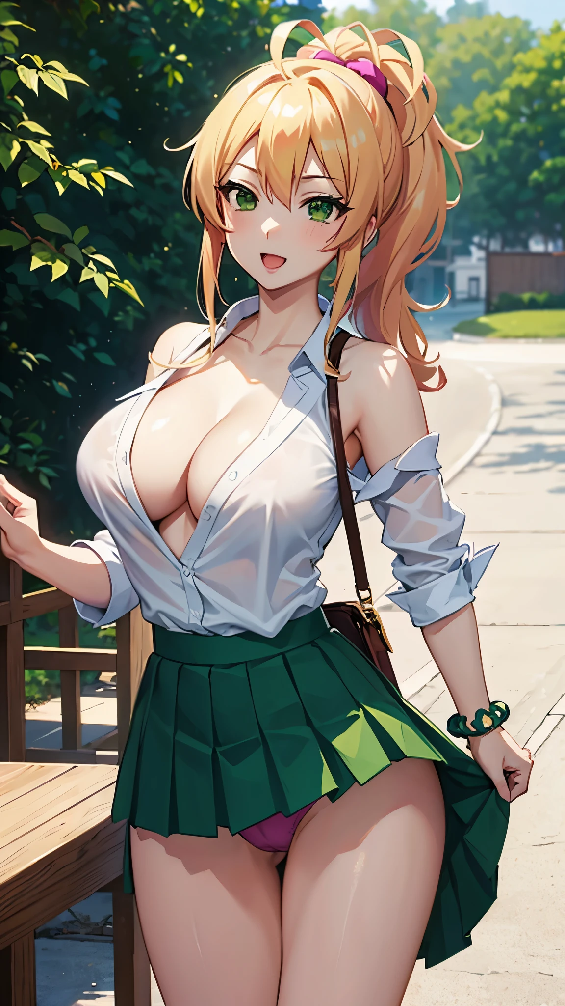 Yukana Yame, Yukana Yame, long hair, bangs, blonde hair, hair between eyes, (green eyes:1.5), ponytail, colorful hair, Scrunchie, High ponytail, Lipstick, gal, Kogal, compensate,break skirt, shirt, jewelry, , clavicle, white shirt, pleated skirt, collared shirt, mini skirt, bracelet, green skirt,naughty big breasts、big and full breasts、break looking at viewer, whole body,break (table top:1.2), highest quality, High resolution, unity 8k wallpaper, (figure:0.8), (beautiful and fine eyes:1.6), highly detailed face, perfect lighting, Highly detailed CG, (perfect hands, perfect anatomy),smile with open mouth、(skirt lift:1.3), (panties:1.3)、(skirt that rolls up:1.3)、(fully exposed panties:1.5)、outdoor、outside the house、Arms crossed in front of you,hanging a bag from one's shoulder