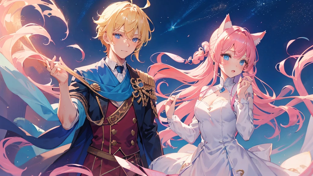 couple, handsome boy, blonde hair, blue eyes, royal blue clothes, white horns, dragon, beautiful girl, red and pink hair, two ponytails, beautiful girl, cat ears, cat tail, 8k resolution, sky night