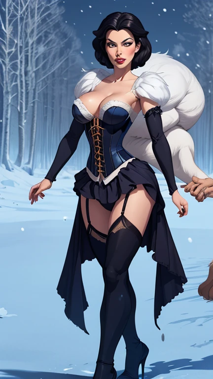 Beautiful and dynamic character pose snow white together with cinderella with body in symmetry a beast with corset and beautiful breasts, corpo bem definido, delicado e sensual, estilo de desenho animado, digital illustration
