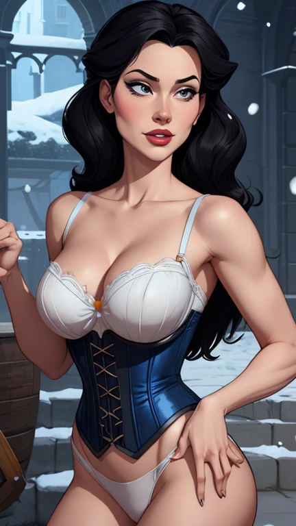 Beautiful and dynamic character pose snow white together with cinderella with body in symmetry a beast with corset and beautiful breasts, corpo bem definido, delicado e sensual, estilo de desenho animado, digital illustration
