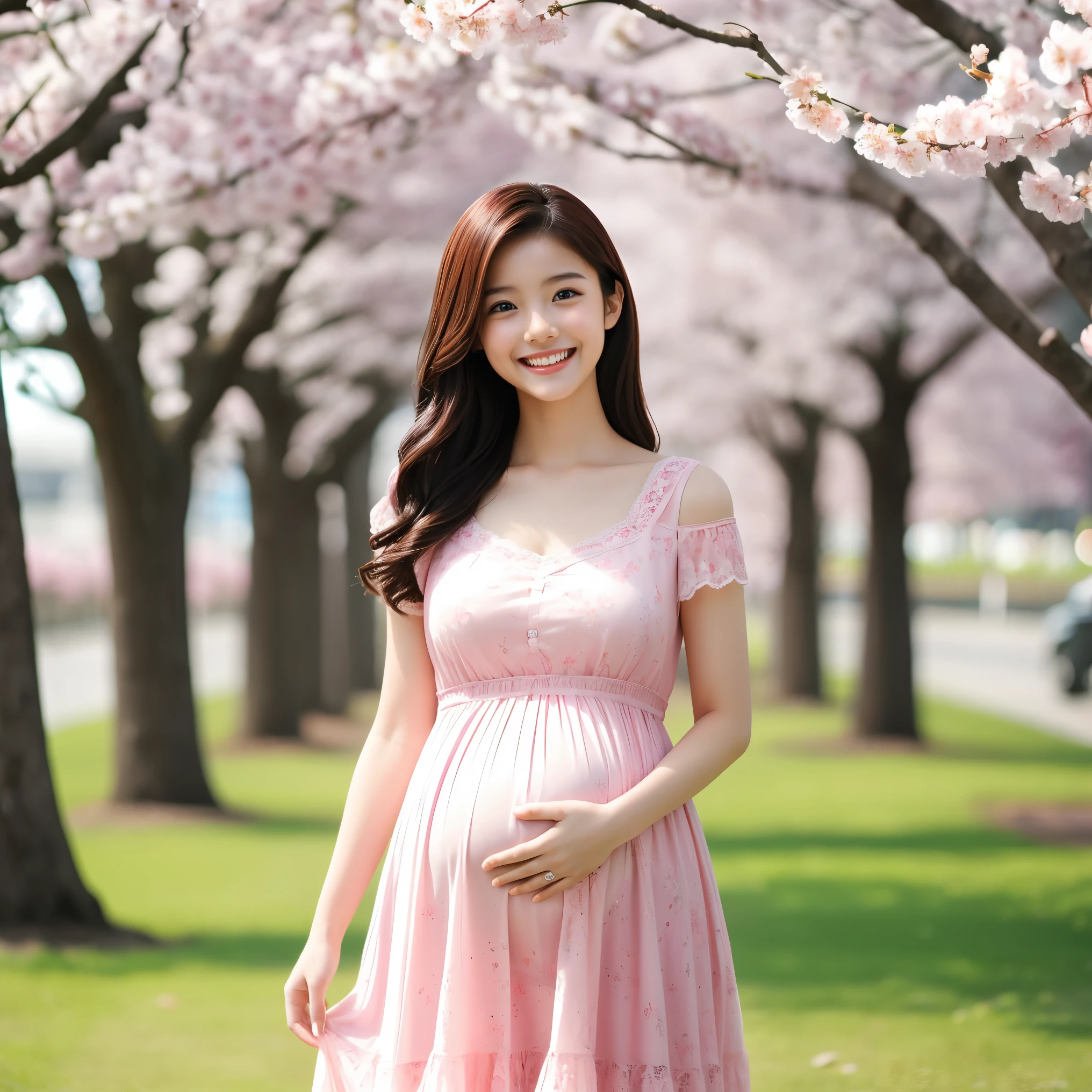 (highest quality、masterpiece、8K、best image quality、Award-winning work)、1 female、walk in the park、(pregnancy:1.1)、(solo:1.1)、(1 photo:1.1)、classy maternity clothes、See-through maternity wear、Lace decoration、perfect makeup、thin、The biggest smile looks at me、(Height: 140cm:1.2)、(Very short:1.2)、standing full body photo、perfect anatomy、Blurred cherry blossoms in full bloom,、Large grassy park、refreshing atmosphere、very bright and vivid、Beautiful eyes in super high resolution、Super high resolution perfect beautiful teeth、Ultra high definition beauty face、Ultra HD beautiful hair、perfect teeth alignment