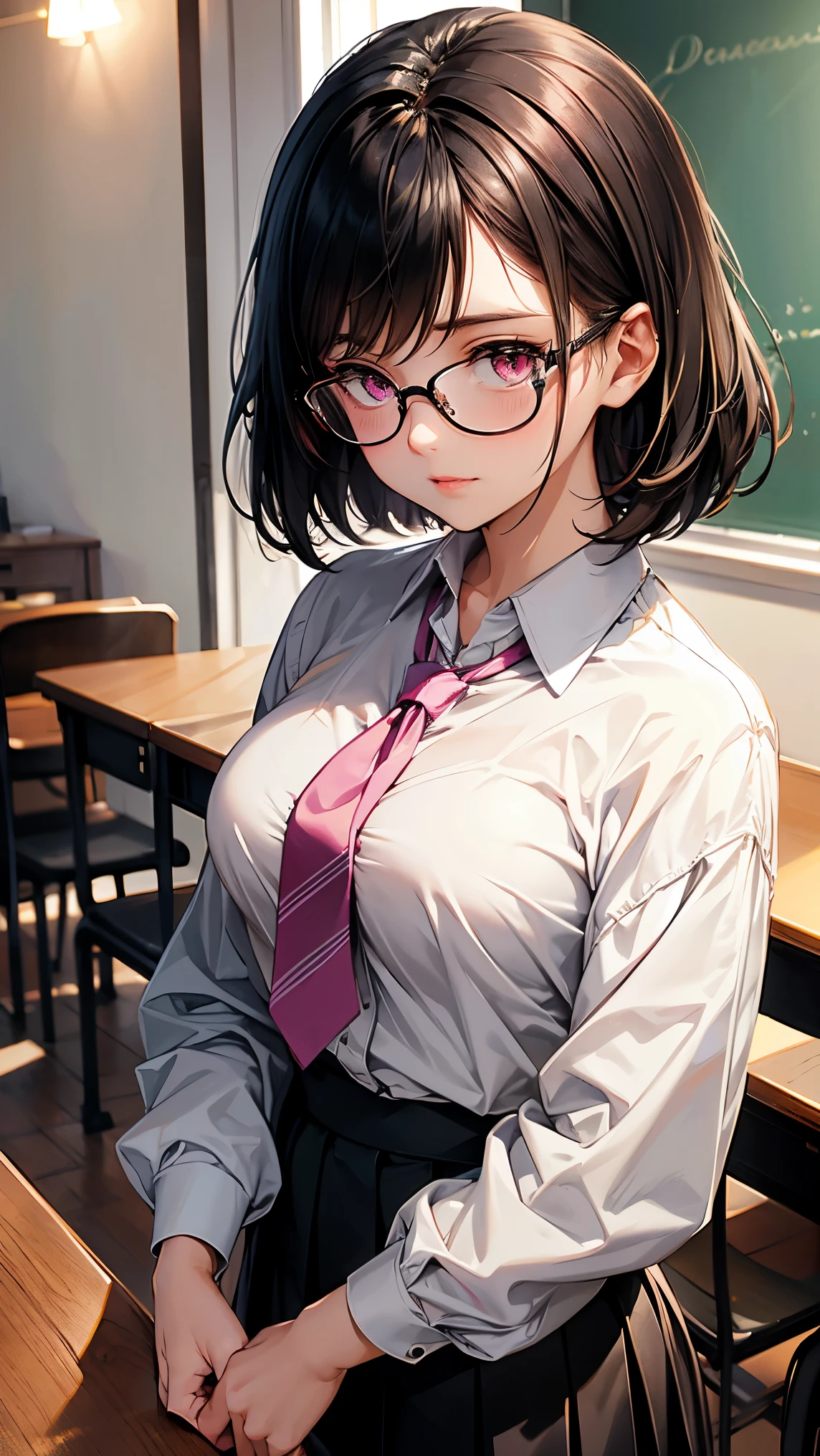 (best quality:1.1), (Masterpiece:1.2), High quality shadow, Beautiful details, Beautiful face, Detailed eyes, depth of field, High resolution, best shadow, best lighting, 1 girl, see viewers, black hair, smooth, blunt, short hair, pink eyes, glasses, shy, very big breasts, black short skirt, women&#39;s shirts, fashion suit jacket, pump, high school girl,rift, , classroom background, women&#39;s tie