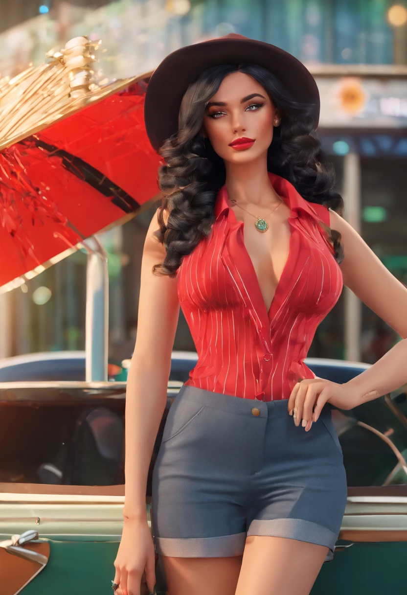 mulher, pale skin, Red lips, olhos claros, sombra, foto frontal de uma linda mulher ruiva com cabelos lisos parada na rua segurando um tambor Thompson M1928A1, Behind her, um Cadillac Town Sedan 1928 deixado verde, she wears a mafia suit with red and black colors, Saia e jaqueta nos ombros em estilo mafioso, porta-liga e salto alto, corpo muito detalhado, carro e roupas detalhados, Claro-escuro, luz natural, altamente detalhado, ela e o carro focaram na imagem